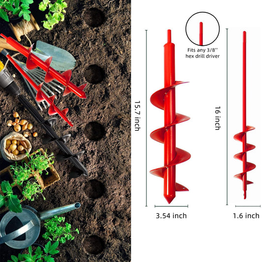 Garden Auger Drill Bit for Planting-1.6x16'' & 3.54x15.7,Ground Earth Spiral Drill Bit for 3/8" Hex Drive Drill, Yard Auger Drill for Bulbs Planting, Hole Digger Flowers,Umbrella Holes,Bedding Digging