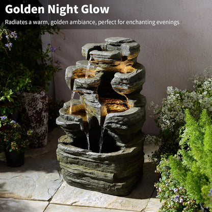 6-Tier Cascading Rock Water Fountain Outdoor Garden Waterfall Decor for Garden, Patio, Backyard, Deck, Porch and Home Art Decor,24.4" H Outdoor Fountain with Lights