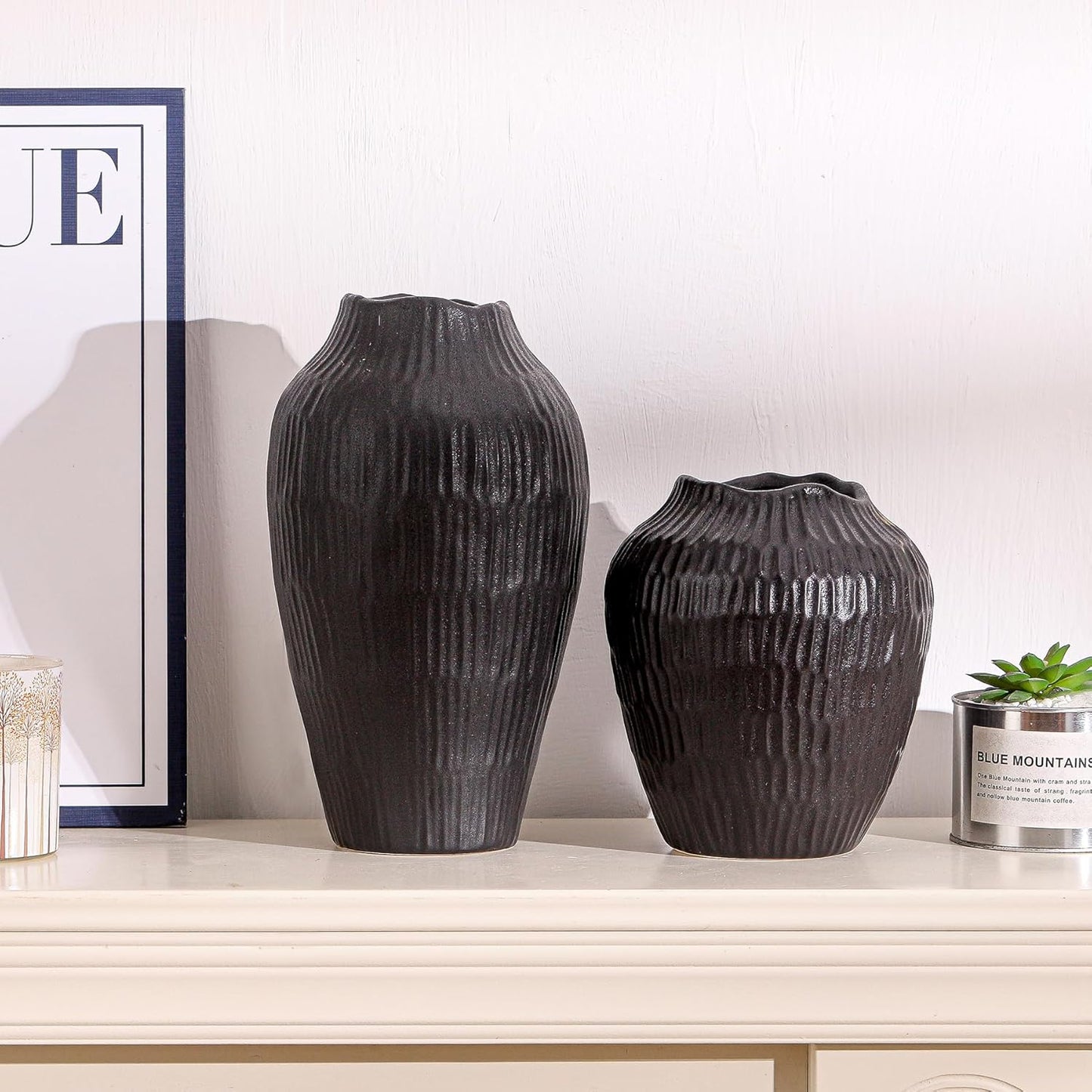 7.8 Inch Black Ceramic Vase - Modern Minimalist Round Vase for Centerpiece, Farmhouse, Living Room-Handcrafted Decorative Design for Dried Flowers, Plants, Home Decor, Rustic & Vintage Styles