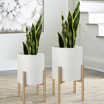 Oakrain Mid Century Planters for Indoor Plants, Metal Plant Set of 2, Modern Decorative Plant Pots for Living Room, Garden, Balcony, White Planters with Glod Plant Stands, 10 inch & 12 inch
