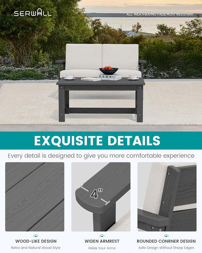 SERWALL HDPE Outdoor Patio Loveseat, Grey Frame and Khaki Cushion