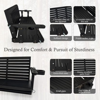 Wooden Porch Swing 3-Seater, High Backrest and Deep Seat, Bench Swing with Cupholders, Hanging Chains and 7mm Springs, Heavy Duty 880 LBS, for Outdoor Patio Garden (Carbon Black, 5 FT Extra Large)