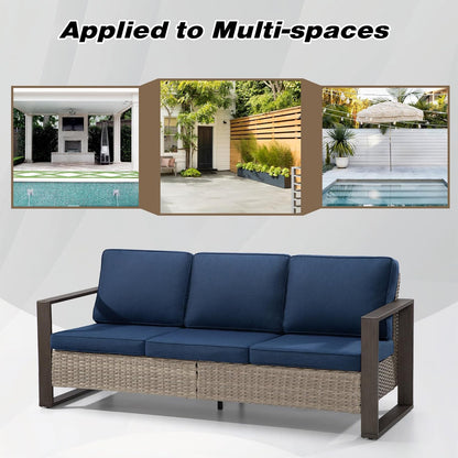 Joyside Outdoor Patio Wicker Sofa, 3-Seater Rattan Sofa with Thick Olefin Cushions and Metal Steel Rectangular Framed Armrest -Looking Metal Armrest Suitable for Garden, Backyard, Porch, Deck (Blue)