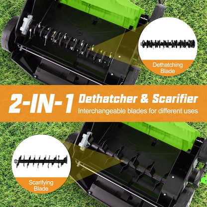Goplus 2-in-1 Scarifier and Lawn Dethatcher, 16-Inch 15A Corded Electric Dethatcher w/ 14.5-Gal Collection Bag, 3-Position Height Adjustment & 5-Position Depth Adjustment, for Grass Garden Yard