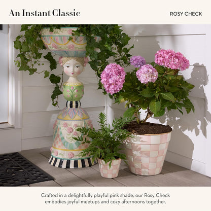 MACKENZIE-CHILDS Enamel Garden Pot, Decorative Pot for Plants, Outdoor Flowerpot Decor, Small, Pink-and-White Rosy Check