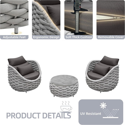 TWT 3 Pieces Aluminum Patio Furniture Set, Modern Outdoor Patio Furniture with Coffee Table, No Assembly Required Outdoor Conversation Set with Dark Grey Cushions for Balcony, Porch, Lawn