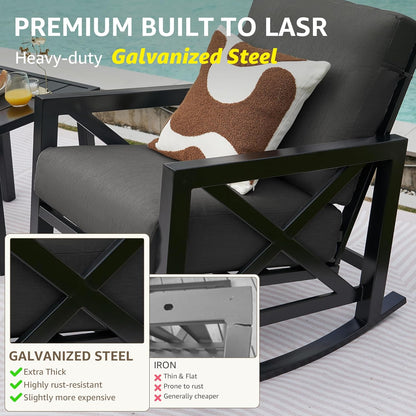 NATURAL EXPRESSIONS Patio Rocking Bistro Set, 3 Piece Outdoor Conversation Furniture Set with 2 Rockers and 1 Metal Coffee Table with Thick Cushions,2 Pack Patio Chair Covers Included