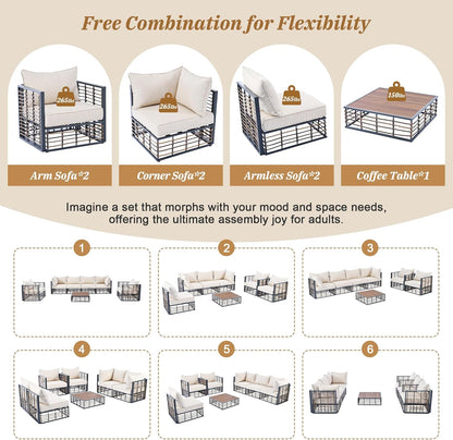 7-Piece Metal Patio Sectional Sofa Set, Free Combination Sofa Set with Coffee Table, All-Weather Garden Conversational Furniture Set with Thick Cushions and 8 Pillows (Dark Gray Frame+Brown Cushion)