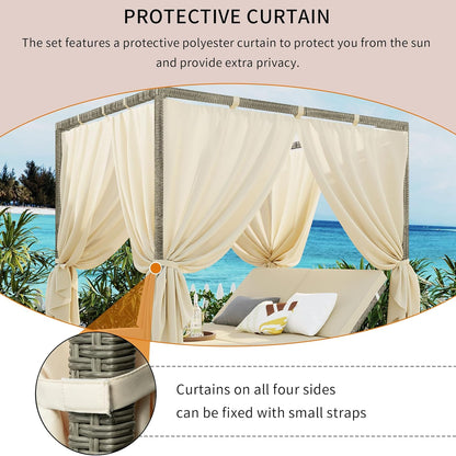 Patio Chaise Lounge,PE Rattan Outdoor Patio Wicker Adjustable Outdoor Sun Bed with Four-sided Canopy and Comfortable Beige Cushion – Versatile Use for Patio, Garden, and Poolside
