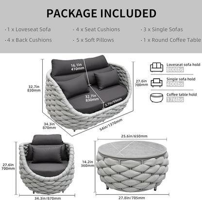 Aluminum Outdoor Patio Furniture Set with Coffee Table, 6 Piece Patio Conversation Sets with Washable Cushions Covers, Patio Sectional Furniture Set for Porch, Balcony, Deck, Yard