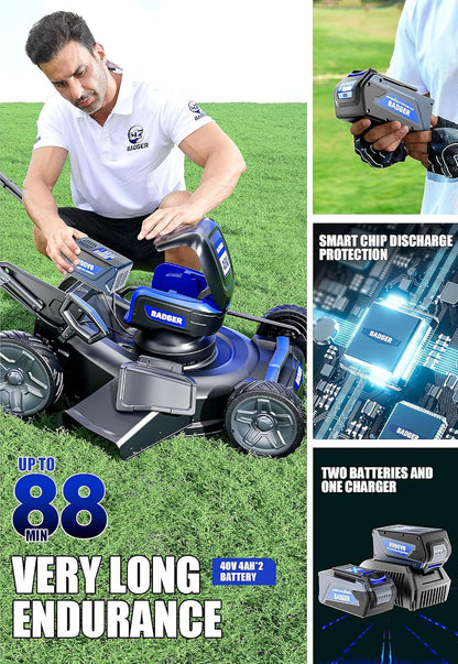 WILD BADGER POWER Lawn Mower Self Propelled 40V Brushless 21" Cordless, 7 Cutting Height Adjustments Electric Lawn Mower, Quickly Folding, 2 * 4.0Ah Battery and1*2Ah Super Charger Included