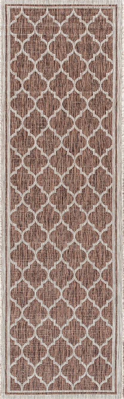 Eyely BMS109B-210 Santa Monica Trebol Moroccan Trellis Textured Weave Indoor/Outdoor Runner Rug Coastal;Bohemian, Bedroom, Backyard, Patio, Easy-Cleaning, Non-Shedding, 2 X 10, Espresso/Taupe