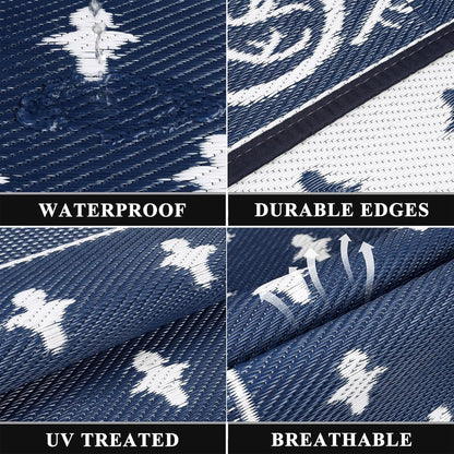 Pauwer Waterproof Outdoor Rug 8x10, Reversible Plastic Straw Patio Camping Rug, Indoor Outdoor RV Mat Carpet for Deck, Camper, Porch, Balcony, Backyard, Picnic, Bordered Navy