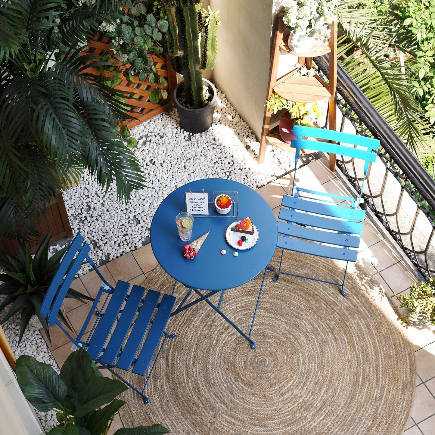 Grand patio 3-Piece Folding Bistro Set, 2 Chairs and 1 Table, Weather-Resistant Outdoor/Indoor Conversation Set for Patio, Yard, Garden -Peacock Blue