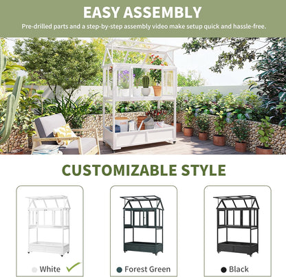 Portable Wooden Cold Frame Greenhouse with Wheels - 47" Mini Greenhouse with Adjustable Roof, Storage Box & Polycarbonate Panels - Plant Protector for Seedlings, Herbs & Winter Gardening (White)