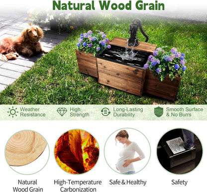 Outdoor Water Fountain,Floor Wooden Rectangular Pump Old-Fashioned Fountain with Flower Box,Electric Decorative Hand Pump, Outdoor Water Feature for Garden Patio Backyard