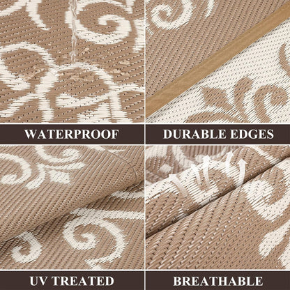Pauwer Waterproof Outdoor Rug 8x10, Reversible Plastic Straw Patio Camping Rug, Indoor Outdoor RV Mat Carpet for Deck, Camper, Porch, Balcony, Backyard, Picnic, Floral Brown