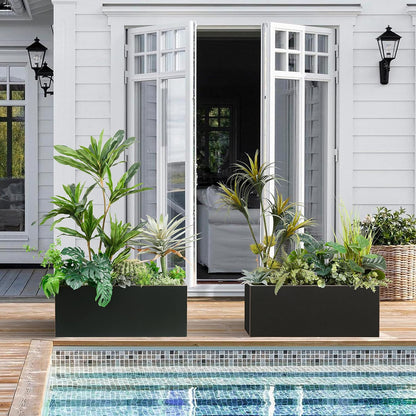 Metallic Heavy Long and Large Outdoor/Indoor Planter, Rectangular Trough Planter Box, 38”Lx15”Wx15”H, 40Pounds, Black with Hand Brushed Gold Edge, No Assemble and Seamless