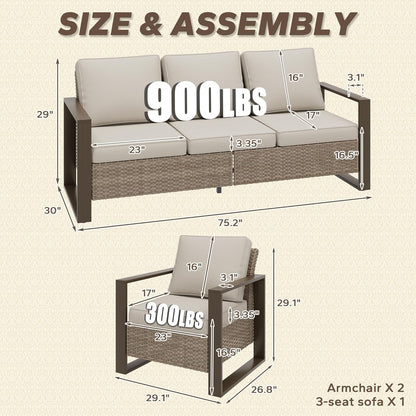 Wicker Patio 75" Sofa Set with Two Armchairs, All Weather Rattan Outdoor Conversation Furniture Set with Wood-Looking Metal Armrest & Removable Cushions for Deck Backyard Porch, Beige