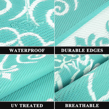 Pauwer Waterproof Outdoor Rug 8x10, Reversible Plastic Straw Patio Camping Rug, Indoor Outdoor RV Mat Carpet for Deck, Camper, Porch, Balcony, Backyard, Picnic, Floral Light Blue