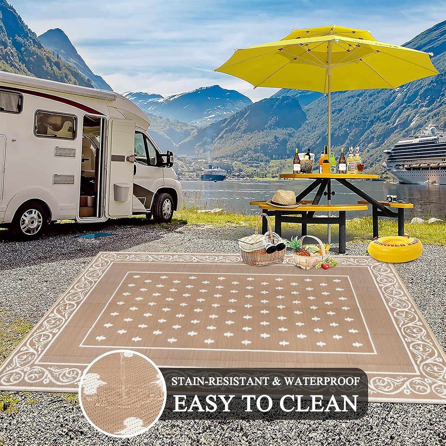 Pauwer Waterproof Outdoor Rug 9x12, Reversible Plastic Straw Patio Camping Rug, Indoor Outdoor RV Mat Carpet for Deck, Camper, Porch, Balcony, Backyard, Picnic, Bordered Beige
