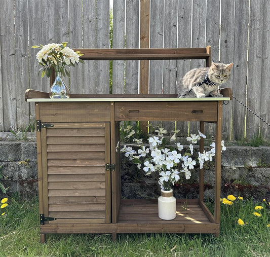 Garden Potting Benche Table Outdoor Wooden Work Station W/Metal Table top,Cabinet,Drawer,Large Bottom Shelf,Open Shelf Natural Wood-Brown-Brown