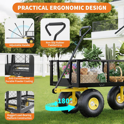 900 Lbs Garden Wagon, 2-in-1 Heavy-Duty Steel Garden Cart, with 10 Inch All-Terrain Tires and Removable Mesh Side Panels, 180° Rotating Handle, Metal Multi-Function Carts, Outdoor Gardens Wagon Cart