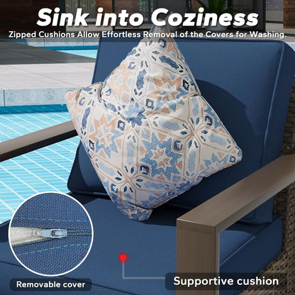 Outdoor Wicker Metal Chairs Set of 2 with Two Ottomans - 4 Pieces Patio Bistro Set with Rectangular Framed Wood-Looking Metal Armrest & Removable Cushions for Poolside, Terrace, Dark Blue