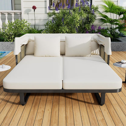 kevinplus Outdoor Patio Sunbed Daybed Double Lounge with Adjustable Canopy for Garden Backyard Pool, Iron Frame & Rattan Material & Moveable Cushion Cover, Beige