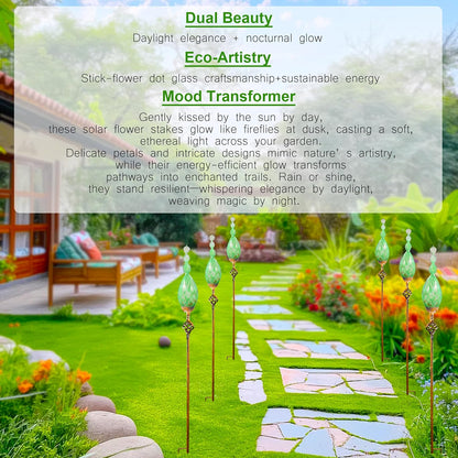 Solar Garden Lights, Decorative LED Flame Garden Stakes, Hand Blown Glass and Outdoor Waterproof Glass Stakes (Green)