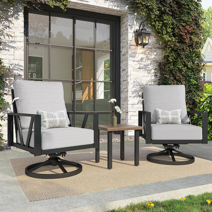 Outdoor Patio Swivel Rocking Chairs Set, Front Porch Furniture with 6" Thick Cushions, 3 Pieces Outdoor Bistro Set with Coffee Table, 350lbs, Light Grey
