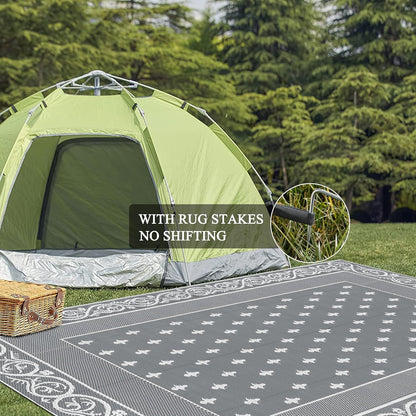 Pauwer Waterproof Outdoor Rug 8x10, Reversible Plastic Straw Patio Camping Rug, Indoor Outdoor RV Mat Carpet for Deck, Camper, Porch, Balcony, Backyard, Picnic, Bordered Grey