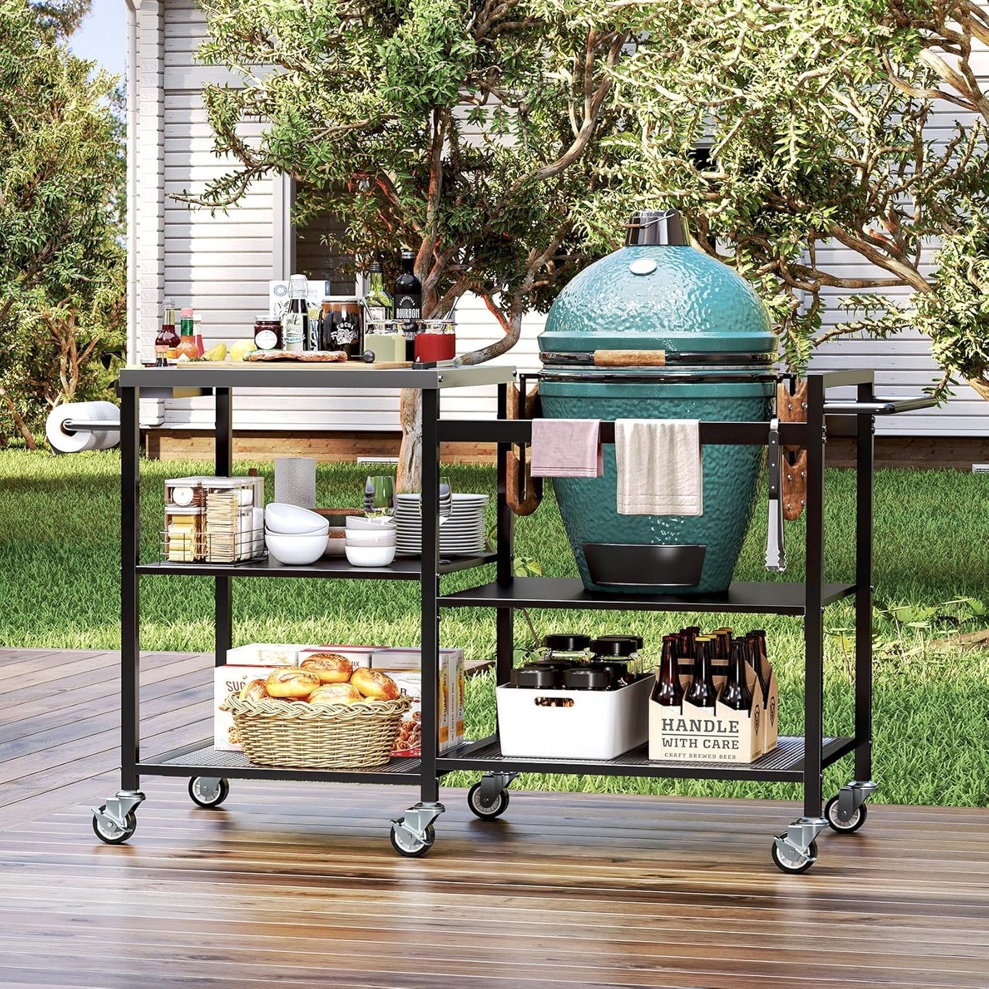 TC-HOMENY Grill Table for Big Green Egg Stand, Metal Cooking Table Stand with Wheels, Heavy Duty Outdoor Movable Style BBQ Grill Cart, Grill Holder Compatible with Large Big Green Egg and Other Models