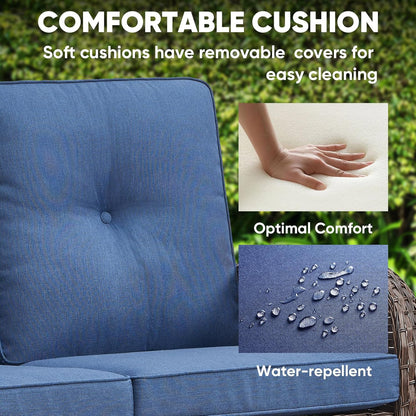 HUMMUH Outdoor Loveseat Sofa 2-Seat PE Wicker Outdoor Couch with Coffee Table,Deep Seat High Back Outdoor Patio Furniture for Patio,Garden,Porch,Deck(Blue)