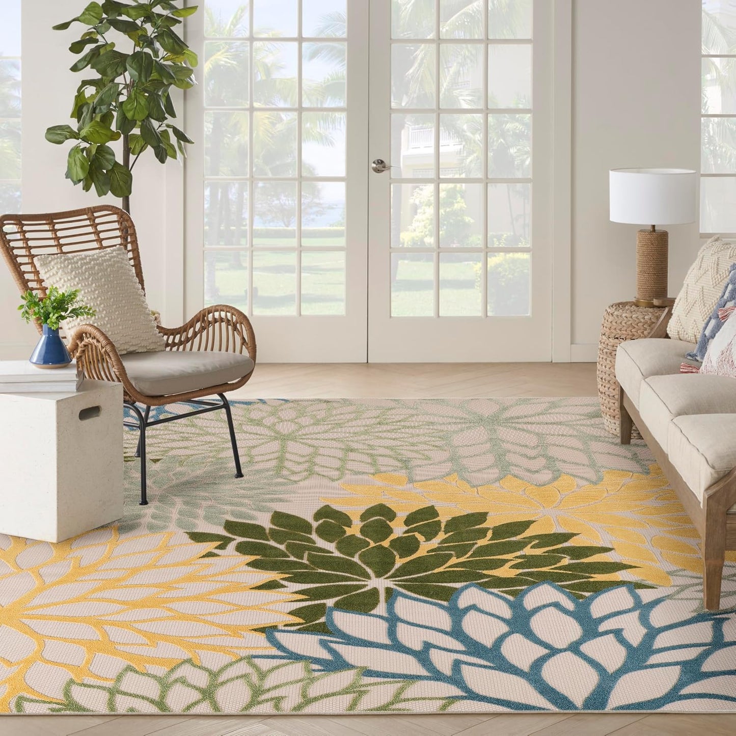 Nourison Home Aloha Indoor-Outdoor Green Multicolor 10' x 14' Area Rug, Easy Cleaning, Non Shedding, Bed Room, Living Room, Dining Room, Backyard, Patio, Deck (10x14)
