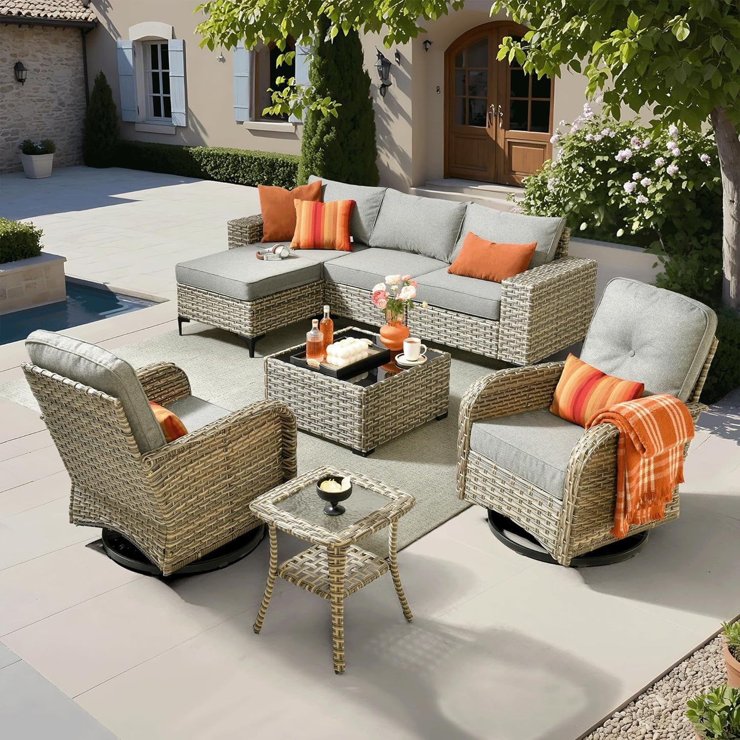 ovios 8 Pieces Patio Furniture Set Outdoor Sectional Sofa Couch with Rocking Swivel Chairs Deep Seat Chaise Comfy Cushions, Modern Modular Wicker Rattan Conversation Set, Dark Grey