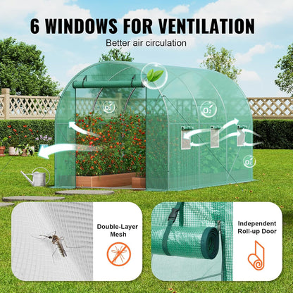 VEVOR Walk-in Tunnel Greenhouse, 11.3x6.4x6.3 ft Hoop House Greenhouse Tunnel, Plant Hot House with Galvanized Steel Frame, Green PE Cover, Roll-up Zipper Door and 6 Windows for Outdoor