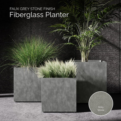 Reglito Cube Planter – Fiberglass Indoor/Outdoor and Weather-Resistant Large Planter (Grey Stone, 27.6" L x 27.6" W x 28.1" H)