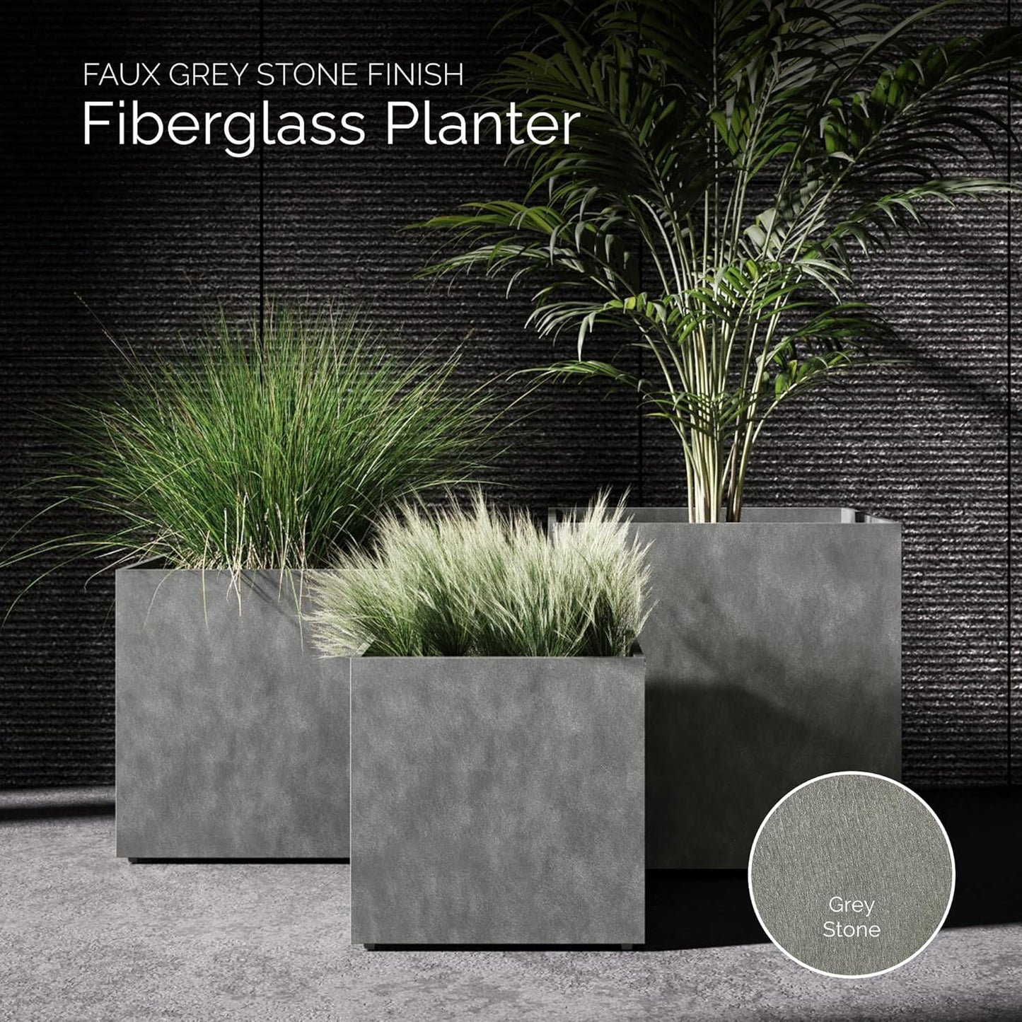 Reglito Cube Planter – Fiberglass Indoor/Outdoor and Weather-Resistant Large Planter (Grey Stone, 23.6" L x 23.6" W x 24.2" H)