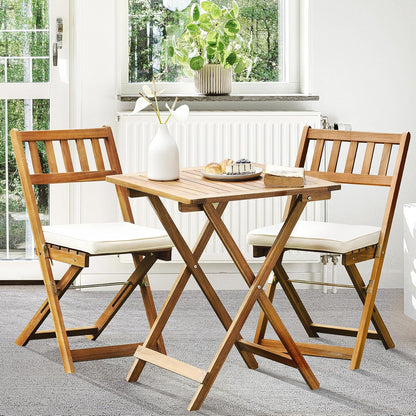 IDZO Heavy Duty 400lbs Capacity Patio Bistro Sets, 3 Piece Outdoor Folding Chairs with Cushions and Square Table, FSC-Certified Acacia Wood, Space-Saving Design for Balcony, Garden and Porch