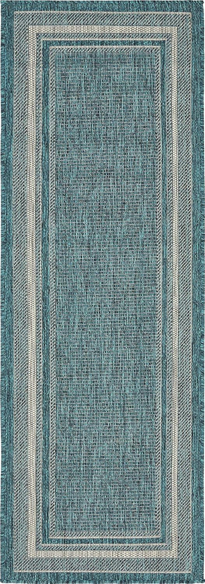 Unique Loom Outdoor Border Collection Area Rug - Soft Border (2'x 6' 1" Runner, Teal/ Ivory)