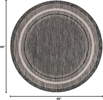 Unique Loom Outdoor Border Collection Area Rug - Soft Border (4' 1" Round, Black/ Ivory)