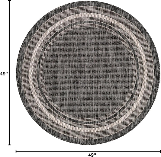 Unique Loom Outdoor Border Collection Area Rug - Soft Border (4' 1" Round, Black/ Ivory)