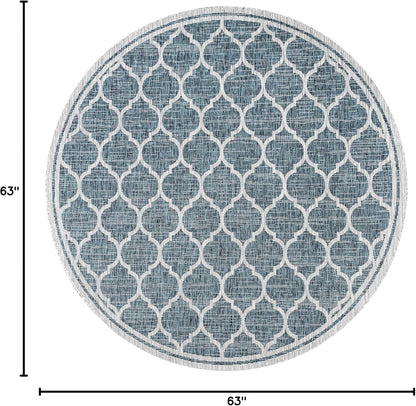 Eyely BMS109E-5R Santa Monica Trebol Moroccan Trellis Textured Weave Indoor/Outdoor Area Rug Coastal;Bohemian, Bedroom, Backyard, Patio, Easy-Cleaning, Non-Shedding, 5' Round, Teal/Gray
