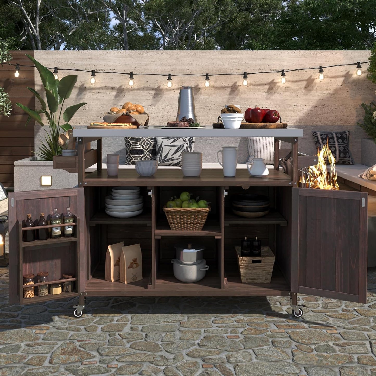 50.25" W Grill Cart with Stainless Steel Tabletop - Outdoor Storage Cabinet for BBQ, Bar Patio Kitchen Island with Ample Storage and Lockable Wheels