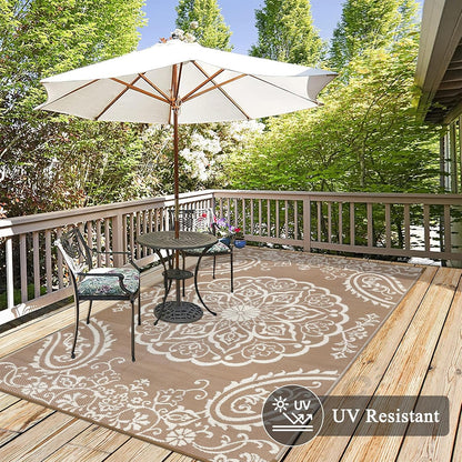 Pauwer Waterproof Outdoor Rug 6x9, Reversible Plastic Straw Patio Camping Rug, Indoor Outdoor RV Mat Carpet for Deck, Camper, Porch, Balcony, Backyard, Picnic, Boho Brown