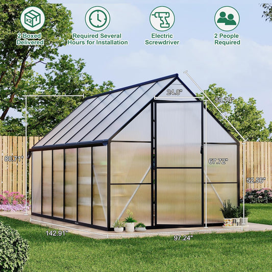8'x12' Aluminum-Framed Polycarbonate Greenhouse, Heavy Duty Polycarbonate Greenhouse with Quick Setup Structure and Roof Vent, Large Enhanced Aluminum Green House Kit for Outdoors