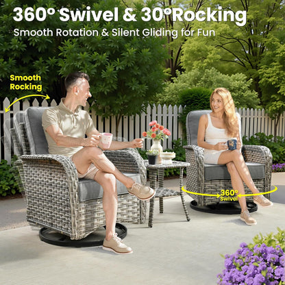 ovios 9 Pieces Patio Furniture Set Outdoor Sectional Sofa Couch with Fire Pit Table Rocking Swivel Chairs Deep Seat Chaise, Modern Modular Wicker Rattan Conversation Set, Dark Grey