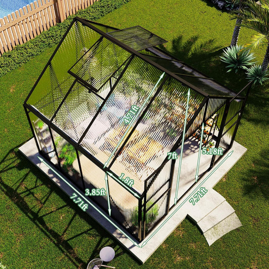 Amerlife 8x8x7 FT Ft Polycarbonate Greenhouse for Outdoors, Walk-in Design with Aluminum Frame, 2 Windows and Swing Door, Heavy-Duty Greenhouse Construction for Garden, Black