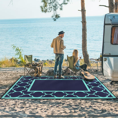 GENIMO 8 ' x 10 ' Outdoor Rug for Patio, Waterproof Indoor Outdoor Plastic Straw Rugs Carpet, Reversible Outside Area Mat for Camping, Balcony Porch, Deck, Picnic, Beach Navy Blue & Jade Green